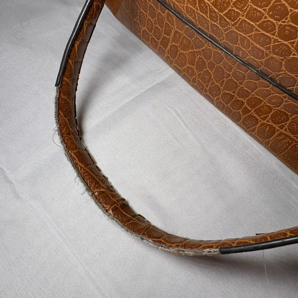 Anne Klein Cognac Brown Croc Embossed Tote‎ Bag Gold Chain Zebra Print Lining